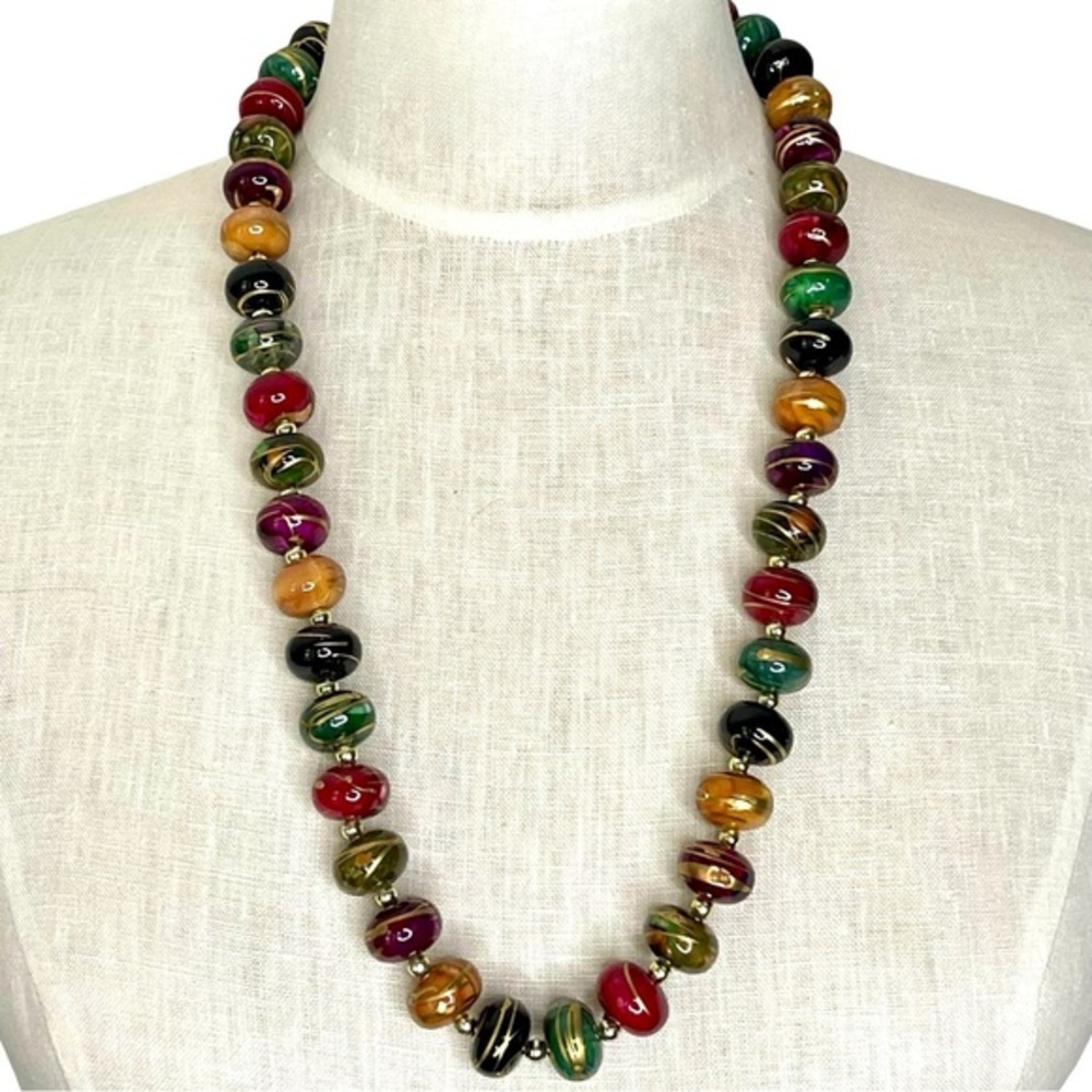 Vintage 80’s Bohemian Beaded Multi Color Necklace Gold Decor 28 inch Funky Fun